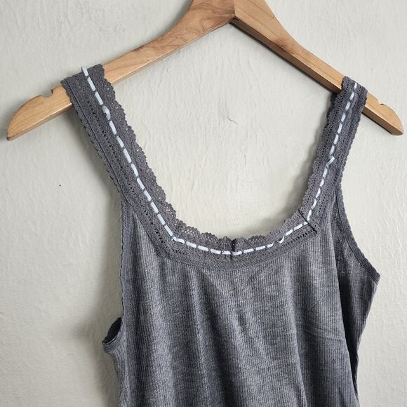 NEW Free People Only You Gray Cotton Ribbed Tank Top with Lace Trim - Picture 5 of 11